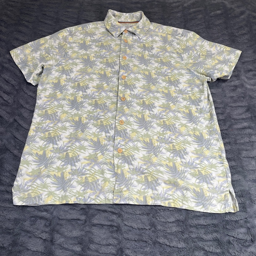Margaritaville Men XL Silk Cotton Tropical Palm Leaf Hawaiian Button Shirt Green